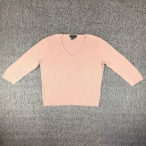 Lauren Ralph Lauren Womens Large Pink Ribbed Cable Knit V-Neck Sweater.READ